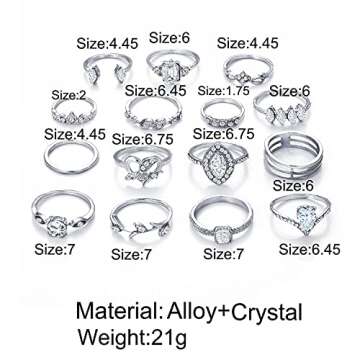 BELICEY 9-15PCS Knuckle Stacking Rings Set for Women Crystal Rhinestone Finger Statement Ring Sets Vintage Joint Knot Mid Rings Stackable Rings Jewelry Accessories (Silver-Cryst Rhinestone)