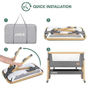 AMKE Bedside Sleeper for Baby,35s Quick Assemble Crib with Storage Basket,Portable Bassinets for Safe Co-Sleeping, Adjustable Bed for Infant Newborn