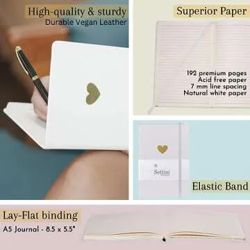 SETTINI Lined Journal - A5 Vegan Leather Notebook, 192 Archival-Quality Pages, QuillEase Bleed-Free Paper, Inner Pocket & Bookmark, Ideal for Journaling - White Heart