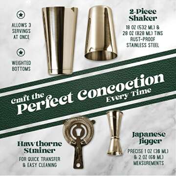 Mixology Cocktail Shaker Boston Shaker Set Professional Weighted Martini Shakers, Strainer and Japanese Jigger, Portable Bar Set for Drink Mixer Bartending, Exclusive Recipes Cards (Gold)