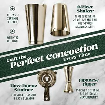 Mixology Cocktail Shaker Boston Shaker Set Professional Weighted Martini Shakers, Strainer and Japanese Jigger, Portable Bar Set for Drink Mixer Bartending, Exclusive Recipes Cards (Gold)