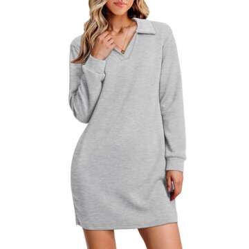 WIHOLL Womens Mini Dress Long Sleeve Fall Dresses for Women Trendy 2024 Lapel Cpllared V Neck Fashion Sweatshirt Dress Loose Fit Grey L