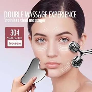 3D Contouring Face Massage Roller, Metal Face Roller Gua Sha Massage Tool Kit, Cooling Beauty Skin R...