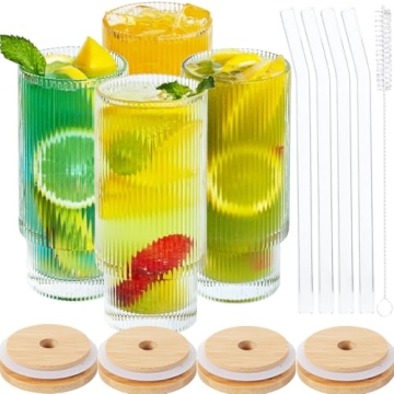 16oz Glass Cups with Lids and Straws Ribbed Glassware Iced Coffee Cup Set of 4, Drinking Glasses for...
