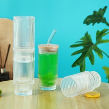 16oz Glass Cups with Lids and Straws Ribbed Glassware Iced Coffee Cup Set of 4, Drinking Glasses for Coffee Bar Kitchen Accessories Whiskey Cocktail Beer Coffee Tea, Gifts for Women.