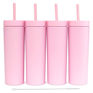 STRATA CUPS Pink Skinny Tumblers with Lids and Straws (4 pack) - 16oz Matte Pastel Colored Acrylic T...