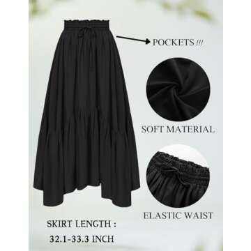 Women Renaissance Long Skirt Elastic High Waist Tiered Skirt with Pockets Black L
