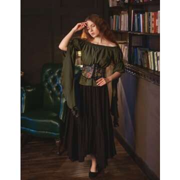 Women Renaissance Long Skirt Elastic High Waist Tiered Skirt with Pockets Black L
