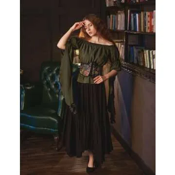 Women Renaissance Long Skirt Elastic High Waist Tiered Skirt with Pockets Black L