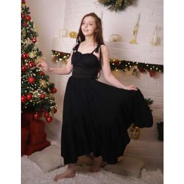 Women Renaissance Long Skirt Elastic High Waist Tiered Skirt with Pockets Black L