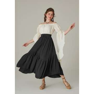 Women Renaissance Long Skirt Elastic High Waist Tiered Skirt with Pockets Black L