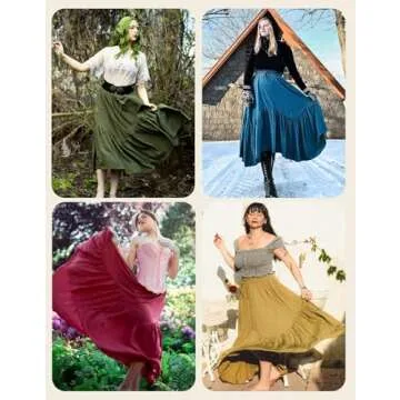 Women Renaissance Long Skirt Elastic High Waist Tiered Skirt with Pockets Black L