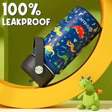 Fimibuke Kids Insulated Water Bottle, 14oz BPA FREE Double Wall Vacuum Tumbler 18/8 Stainless Steel Leak Proof Kids Cups with Straw Metal Water Bottle for School Boy Girl(2 Pack, SPACE/BLUE DINOSAUR)