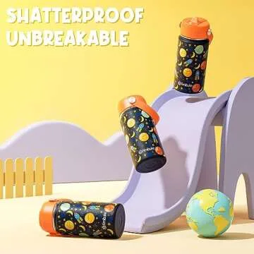 Fimibuke Kids Insulated Water Bottle, 14oz BPA FREE Double Wall Vacuum Tumbler 18/8 Stainless Steel Leak Proof Kids Cups with Straw Metal Water Bottle for School Boy Girl(2 Pack, SPACE/BLUE DINOSAUR)