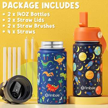 Fimibuke Kids Insulated Water Bottle, 14oz BPA FREE Double Wall Vacuum Tumbler 18/8 Stainless Steel Leak Proof Kids Cups with Straw Metal Water Bottle for School Boy Girl(2 Pack, SPACE/BLUE DINOSAUR)