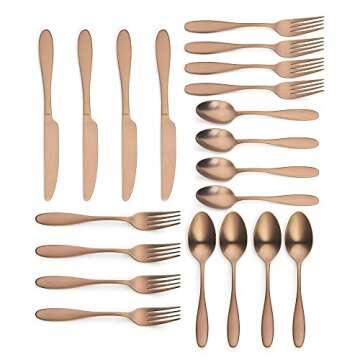 20 Piece Matte Copper Silverware Set, Ornative Ellie Flatware Cutlery Set Service for 4, Includes Knives, Forks, Spoons, Food Grade Stainless Steel Utensil Set for Home Kitchen Restaurant