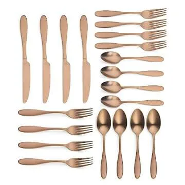 20 Piece Matte Copper Silverware Set, Ornative Ellie Flatware Cutlery Set Service for 4, Includes Knives, Forks, Spoons, Food Grade Stainless Steel Utensil Set for Home Kitchen Restaurant