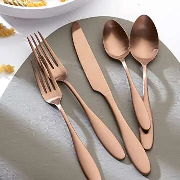 20 Piece Matte Copper Silverware Set, Ornative Ellie Flatware Cutlery Set Service for 4, Includes Knives, Forks, Spoons, Food Grade Stainless Steel Utensil Set for Home Kitchen Restaurant