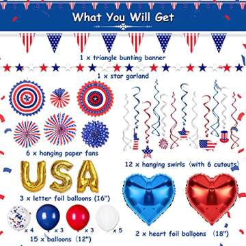 DECORLIFE Memorial Day Decorations, Patriotic Party Decor Includes Red White and Blue Pre-strung Banners, Hanging Paper Fans and Swirls, USA Balloons, Pennant Bunting, Star Garlands, Total 41PCS