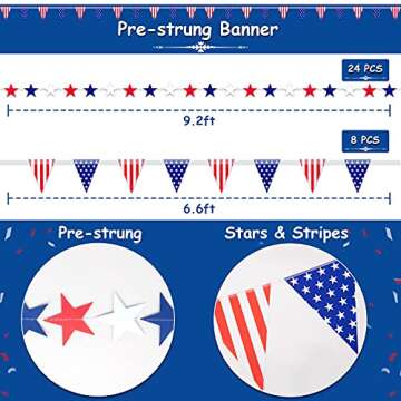 DECORLIFE Memorial Day Decorations, Patriotic Party Decor Includes Red White and Blue Pre-strung Banners, Hanging Paper Fans and Swirls, USA Balloons, Pennant Bunting, Star Garlands, Total 41PCS
