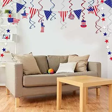 DECORLIFE Memorial Day Decorations, Patriotic Party Decor Includes Red White and Blue Pre-strung Banners, Hanging Paper Fans and Swirls, USA Balloons, Pennant Bunting, Star Garlands, Total 41PCS