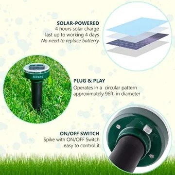Gopher Repellent Ultrasonic Solar Powered - Mole Repellent Stakes Outdoor Pet Safe - Groundhog Repeller Snake Rodent Gopher Spikes Chaser - Sonic Mole Deterrent Devices (4)