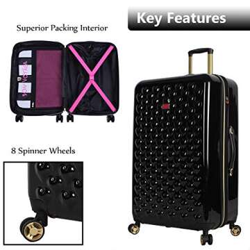 Betsey Johnson Luggage Hardside 3 Piece Set Suitcase With Spinner Wheels (20" 26" 30") (One Size, Heart to Heart Black)