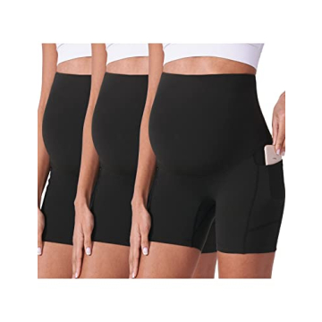 Poshdivah 3 Pack Black Maternity Biker Shorts Over The Belly Summer Comfy Pregnancy Yoga Active Work...