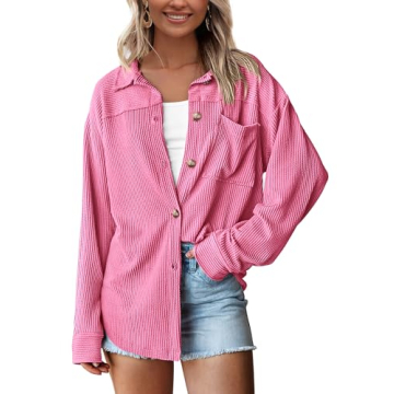 PRETTYGARDEN Women’s Tops Button Down Shirts Fall Long Sleeve Shacket Jacket Loose Ribbed Knit Wor...