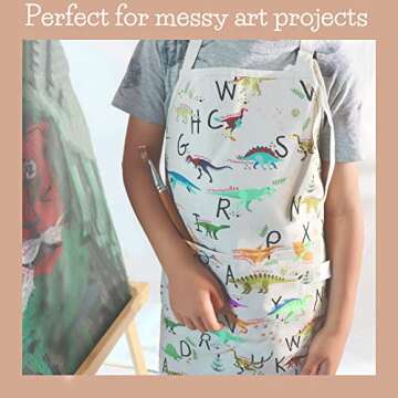 BABYBOET Girls and Boys Kids Apron, Toddler Apron with Pocket for Painting, Cooking, Baking, Gardening and Crafts – Unisex Print on Cotton with Adjustable Neck Strap-(Small 3-5 yrs, Dinos Alphabet)