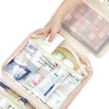 FINDCOZY Extra Large Toiletry Bag with Hanging Hook, Travel Makeup Case for Women, Cosmetic Organizer for Toiletries, Full-Sized Bottles, Beauty