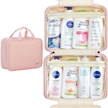 FINDCOZY Extra Large Toiletry Bag with Hanging Hook, Travel Makeup Case for Women, Cosmetic Organizer for Toiletries, Full-Sized Bottles, Beauty