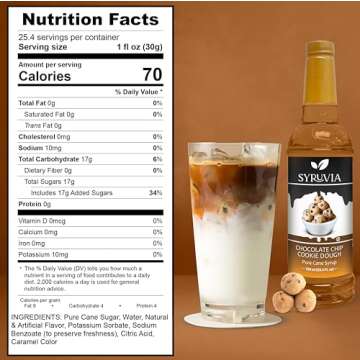 Syruvia Chocolate Chip Cookie Dough Syrup - 25.4 fl oz. Premium Coffee Flavoring Syrup. Kosher, and Gluten-Free. Ideal for Enhancing Drinks, Sodas, Shakes, Desserts, and More.