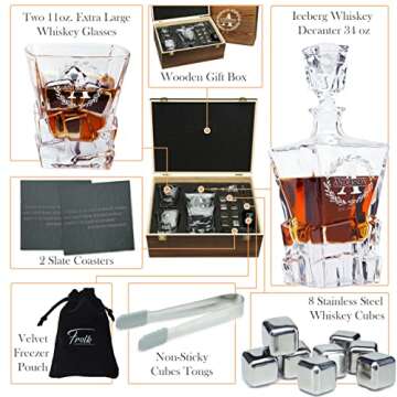 Personalized Whiskey Decanter and Stones Set - Customized Gift for Men, Dad, Father - Engraved Rocks Whiskey Decanter, 2 XL Glasses, 8 Whisky Cubes, 2 Coasters, Tongs, Pouch in Wooden Gift Box