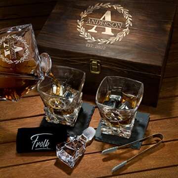 Personalized Whiskey Decanter and Stones Set - Customized Gift for Men, Dad, Father - Engraved Rocks Whiskey Decanter, 2 XL Glasses, 8 Whisky Cubes, 2 Coasters, Tongs, Pouch in Wooden Gift Box