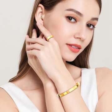 18K Gold Plated Friendship Love Bracelet with Ring Jewelry Set for Women Stainless Steel Cuff Oval B...