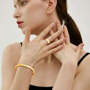 18K Gold Plated Friendship Love Bracelet with Ring Jewelry Set for Women Stainless Steel Cuff Oval Bangle Simple CZ Bangle Best Gifts for Mother's Day Valentine's Day Wedding Couples and Birthdays