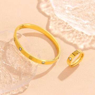18K Gold Plated Friendship Love Bracelet with Ring Jewelry Set for Women Stainless Steel Cuff Oval Bangle Simple CZ Bangle Best Gifts for Mother's Day Valentine's Day Wedding Couples and Birthdays