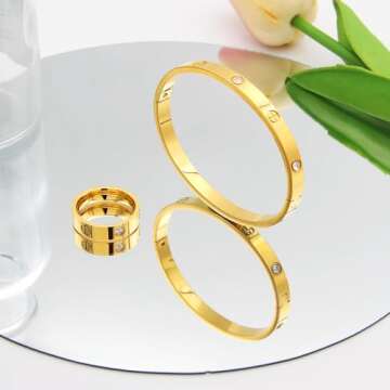 18K Gold Plated Friendship Love Bracelet with Ring Jewelry Set for Women Stainless Steel Cuff Oval Bangle Simple CZ Bangle Best Gifts for Mother's Day Valentine's Day Wedding Couples and Birthdays