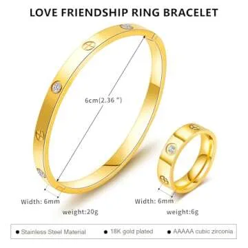 18K Gold Plated Friendship Love Bracelet with Ring Jewelry Set for Women Stainless Steel Cuff Oval Bangle Simple CZ Bangle Best Gifts for Mother's Day Valentine's Day Wedding Couples and Birthdays