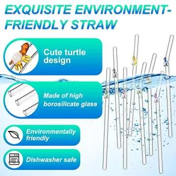 Yinkin 8 Pcs Reusable Glass Straws Shatter Resistant Straws with Design Colorful Cute 8'' Bend Drinking Glass Suction Tubes for Cocktail Coffee Juice Beverage with 2 Cleaning Brushes (Turtle)