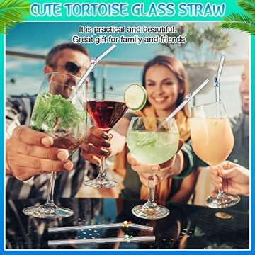 Yinkin 8 Pcs Reusable Glass Straws Shatter Resistant Straws with Design Colorful Cute 8'' Bend Drinking Glass Suction Tubes for Cocktail Coffee Juice Beverage with 2 Cleaning Brushes (Turtle)