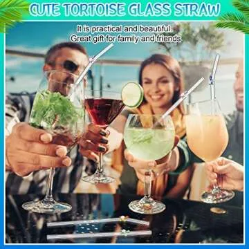 Yinkin 8 Pcs Reusable Glass Straws Shatter Resistant Straws with Design Colorful Cute 8'' Bend Drinking Glass Suction Tubes for Cocktail Coffee Juice Beverage with 2 Cleaning Brushes (Turtle)