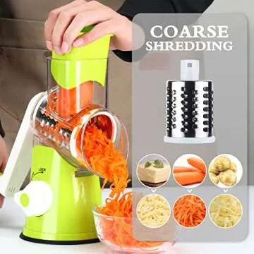 Ancevsk Rotary Cheese Grater Shredder, Speed Kitchen Manual Round Mandolin Slicer Safe Grinder with 3 Interchangeable Blades for Nuts, Carrot, Hashbrown, Garlic, Walnut, Potato, Chocolate (Green)