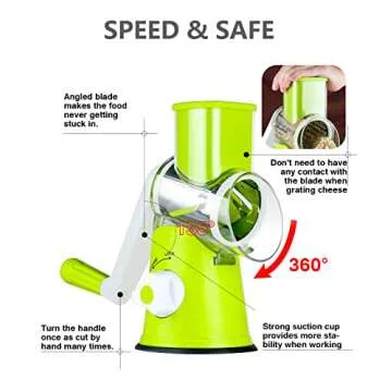 Ancevsk Rotary Cheese Grater Shredder, Speed Kitchen Manual Round Mandolin Slicer Safe Grinder with 3 Interchangeable Blades for Nuts, Carrot, Hashbrown, Garlic, Walnut, Potato, Chocolate (Green)
