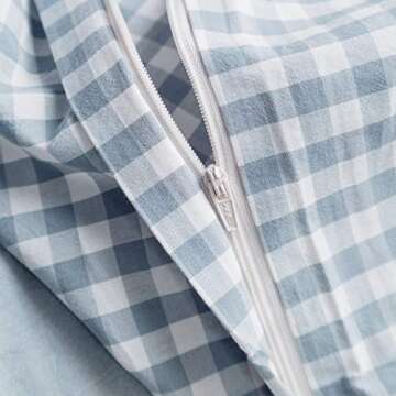 SUSYBAO Light Blue Gingham Duvet Cover Queen 100% Washed Cotton Blue Plaid Duvet Cover Set 3 Pieces 1 Blue Grid Duvet Cover with Zipper Ties 2 Pillow Cases Luxury Gingham Plaid Bedding Set Breathable