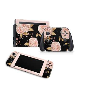 ZOOMHITSKINS Compatible with Switch Skin Cover Soft Gold Flowers Rose Golden Black Leaves Pink Coral...