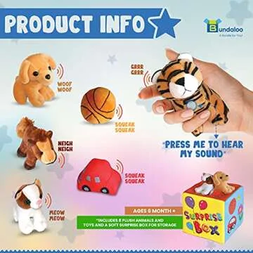 Bundaloo Surprise Box with 8 Plush Toys - Soft Sensory Playset of Stuffed Animals with Sounds for Babies & Toddlers