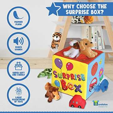 Bundaloo Surprise Box with 8 Plush Toys - Soft Sensory Playset of Stuffed Animals with Sounds for Babies & Toddlers