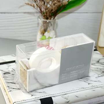 Multibey Acrylic 1 Inch Core Desktop Adhesive Tape Dispenser Cutter with Tape Marble Office School Gift Idea (Marble Printed-Gold)